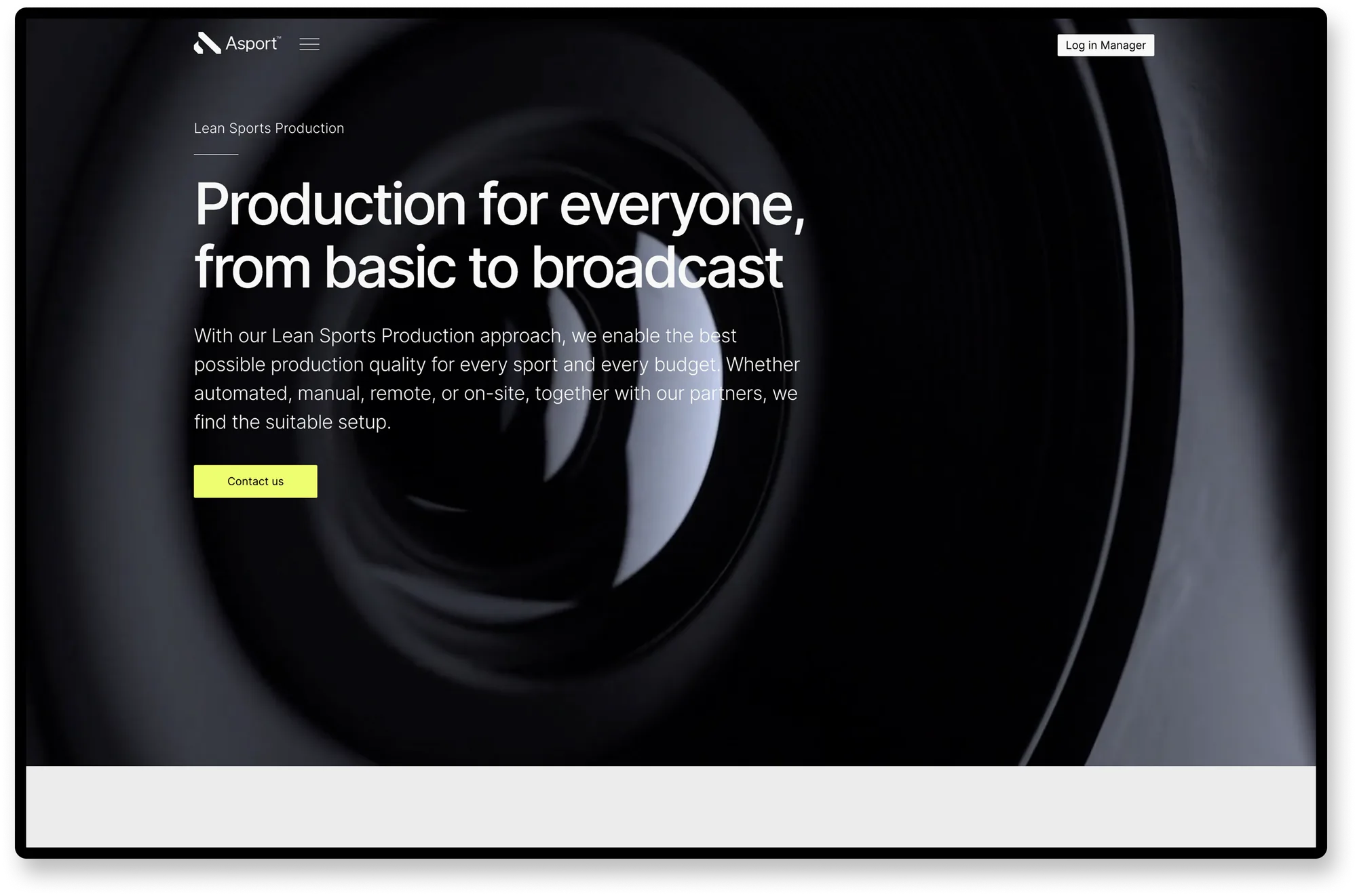 Asport.tv Homepage – Hero „Production for everyone, from basic to broadcast“ mit Lean-Sports-Production-Ansatz