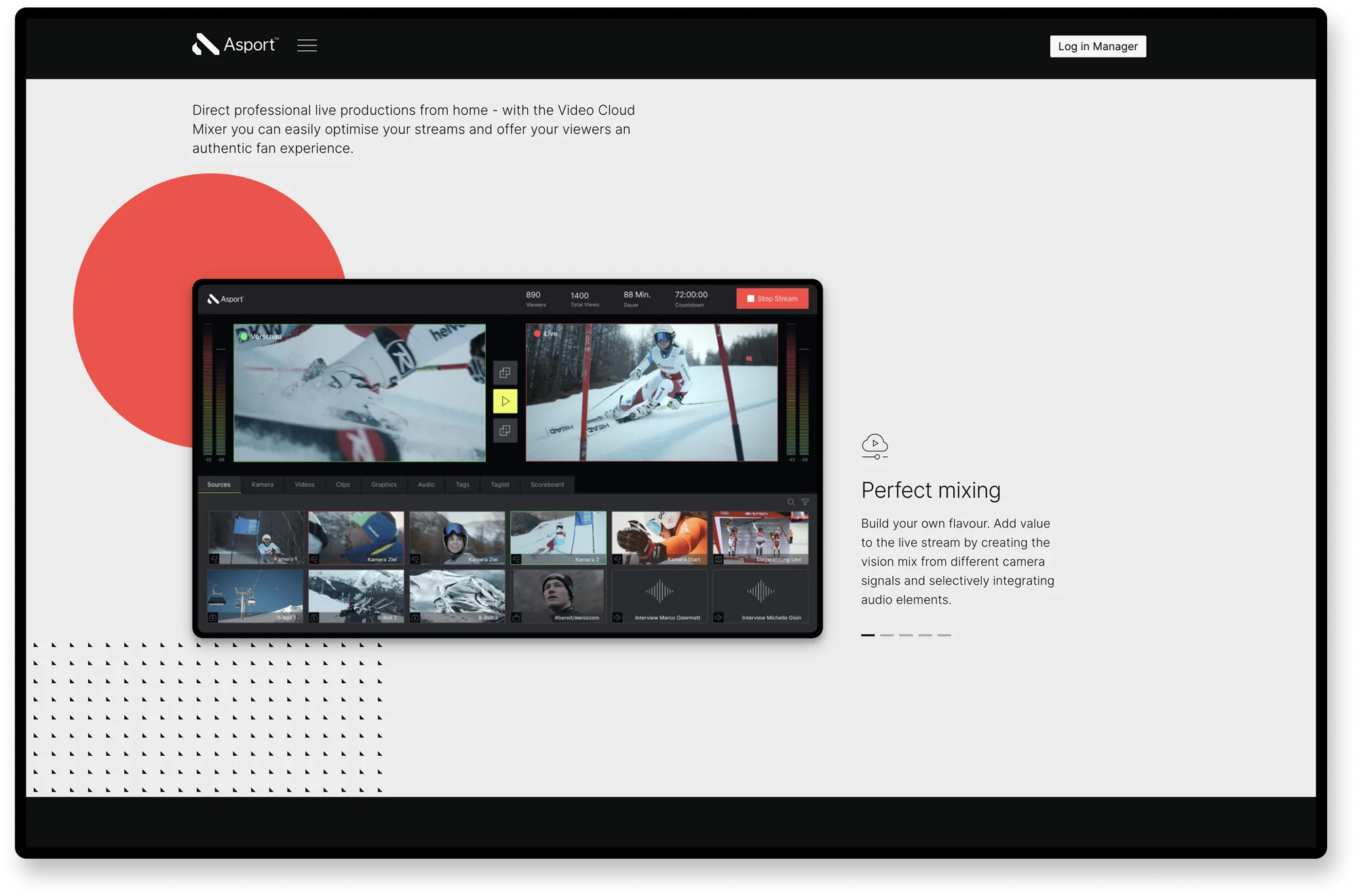 Asport.tv Homepage – „Perfect mixing“ mit Video-Cloud-Mixer für Live-Produktionen von zuhause