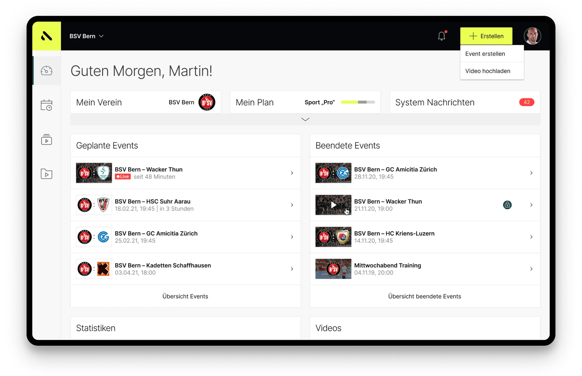 Asport Manager – Vereins-Dashboard mit geplanten und beendeten Events, Statistiken und Videos (BSV Bern)