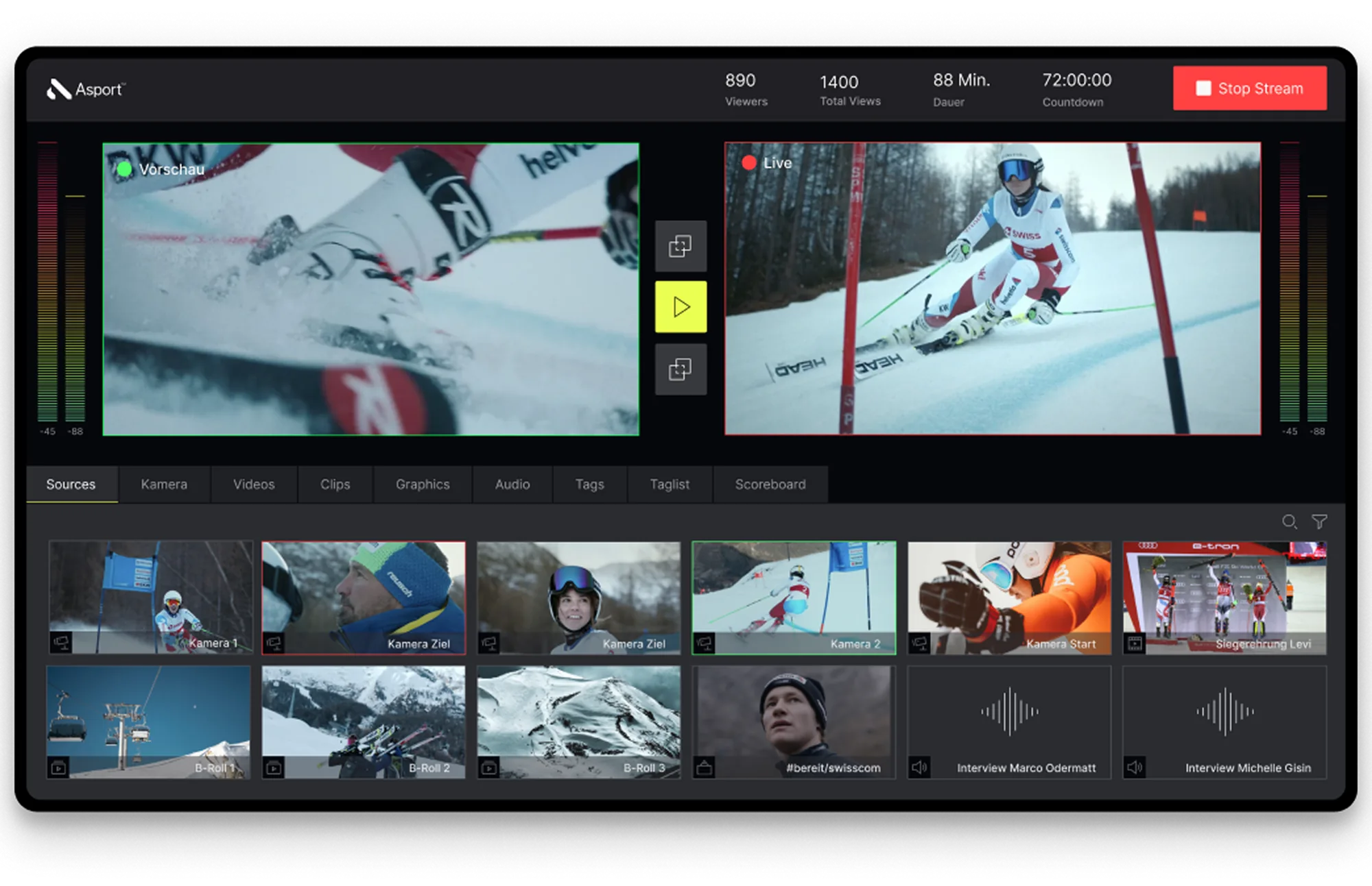 Asport Live-Production-Studio – Preview-/Program-Monitor, Quellen-Pool (Kameras, Clips, Grafiken, Audio) und Scoreboard