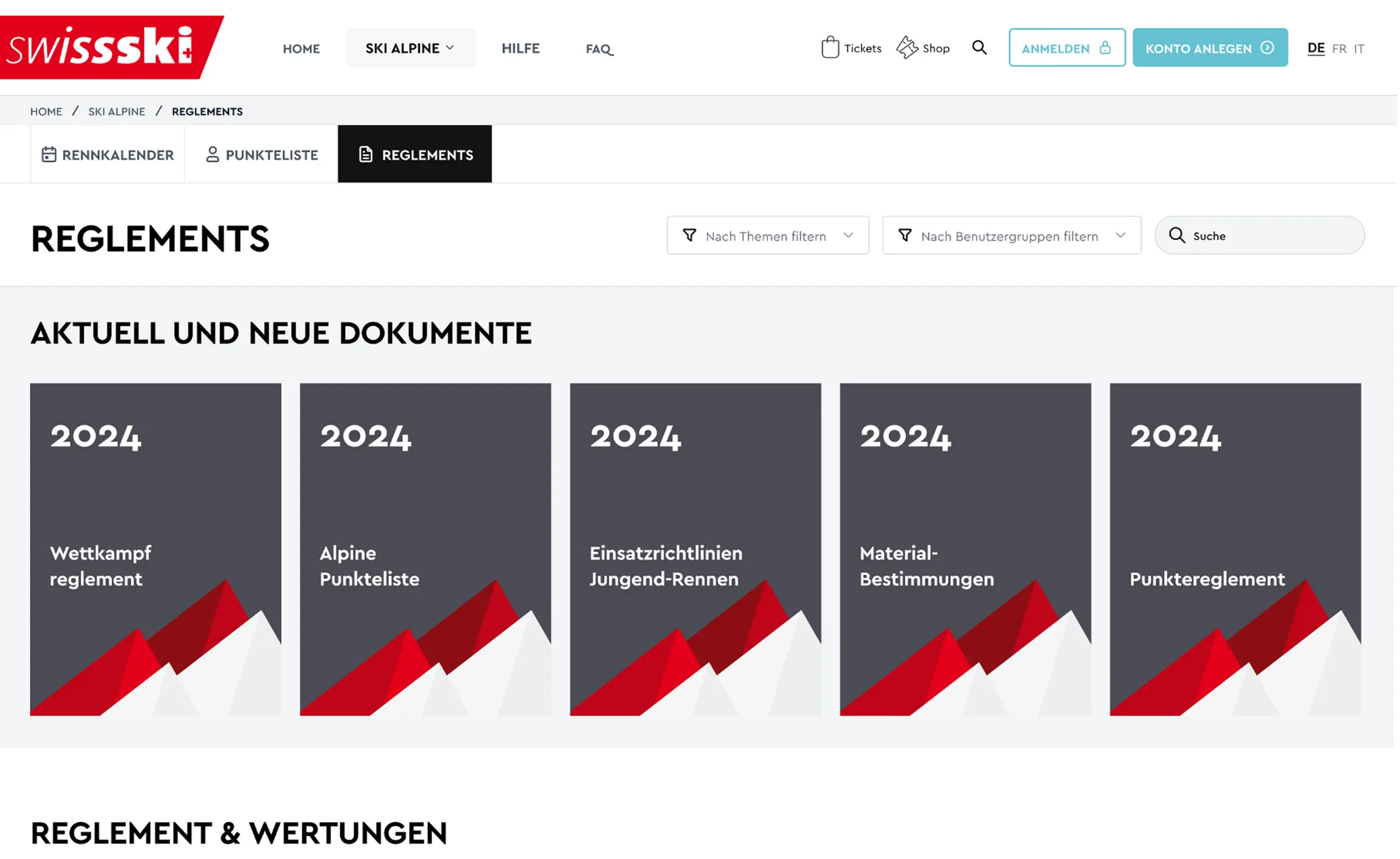 KWO Swiss-Ski – Reglemente-Seite mit aktuellen Dokumenten 2024 (Wettkampf-, Material- und Punktereglement)
