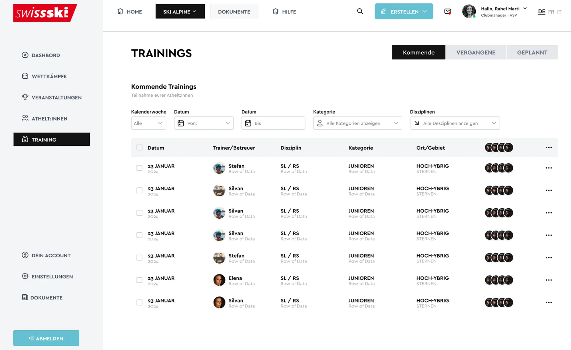 KWO Swiss-Ski – Trainings-Dashboard mit kommenden Trainings, Disziplin, Kategorie und Ort