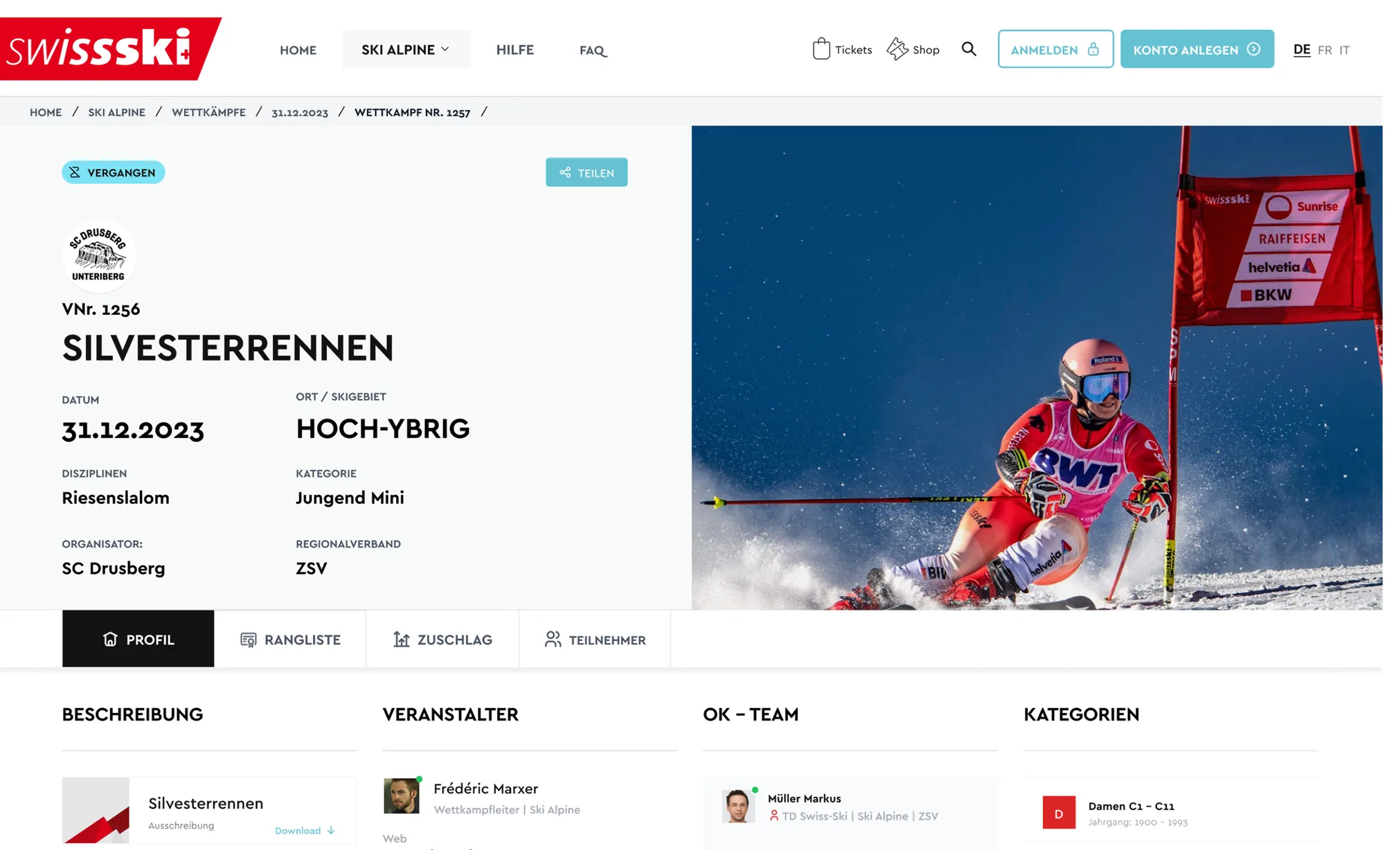 KWO Swiss-Ski – Wettkampf-Detailseite „Silvesterrennen“ (Riesenslalom, Hoch-Ybrig) mit Profil, Rangliste und OK-Team