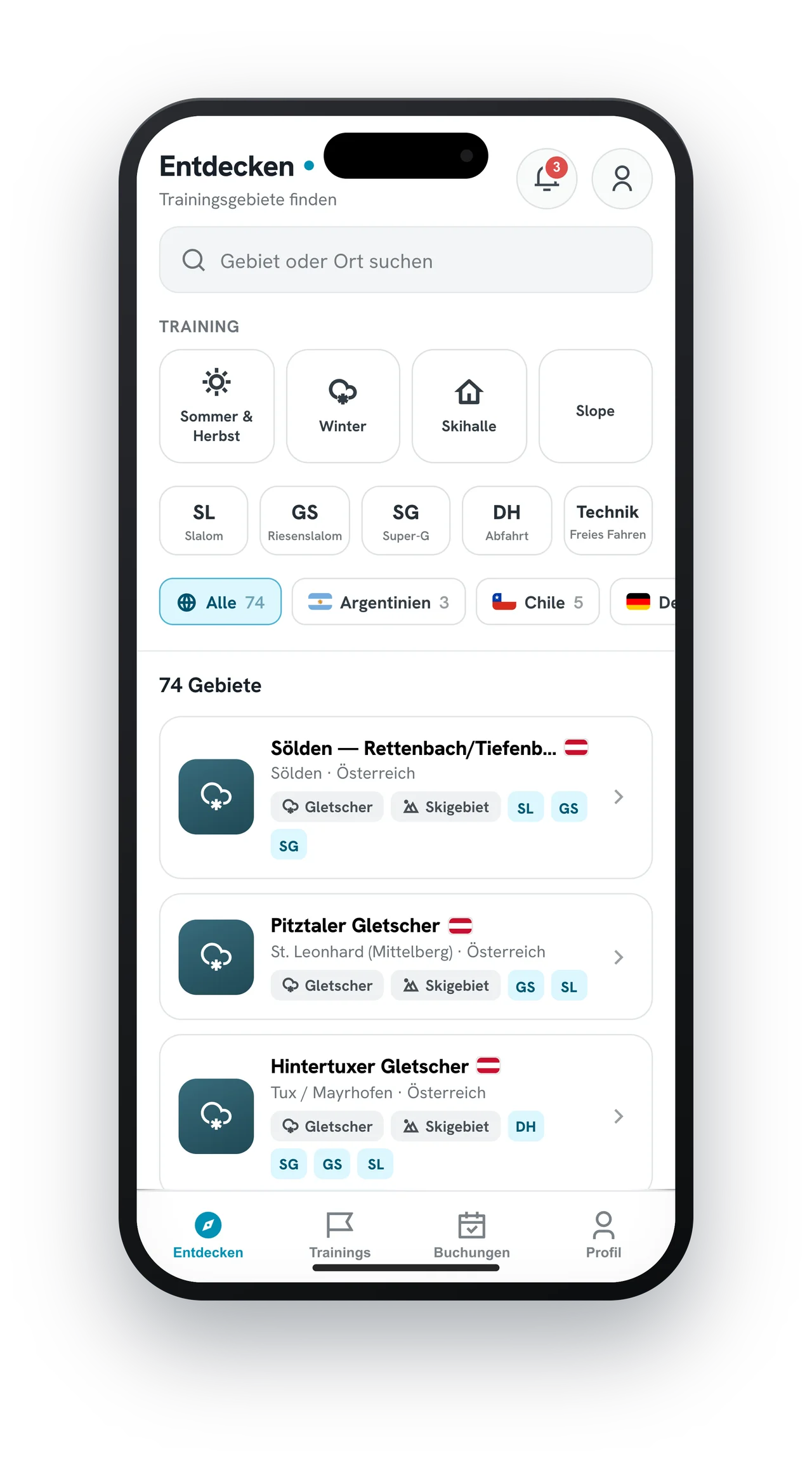 RACELINE App – Entdecken: Suche mit Trainings-, Disziplin- und Länder-Filtern über alle Trainingsgebiete