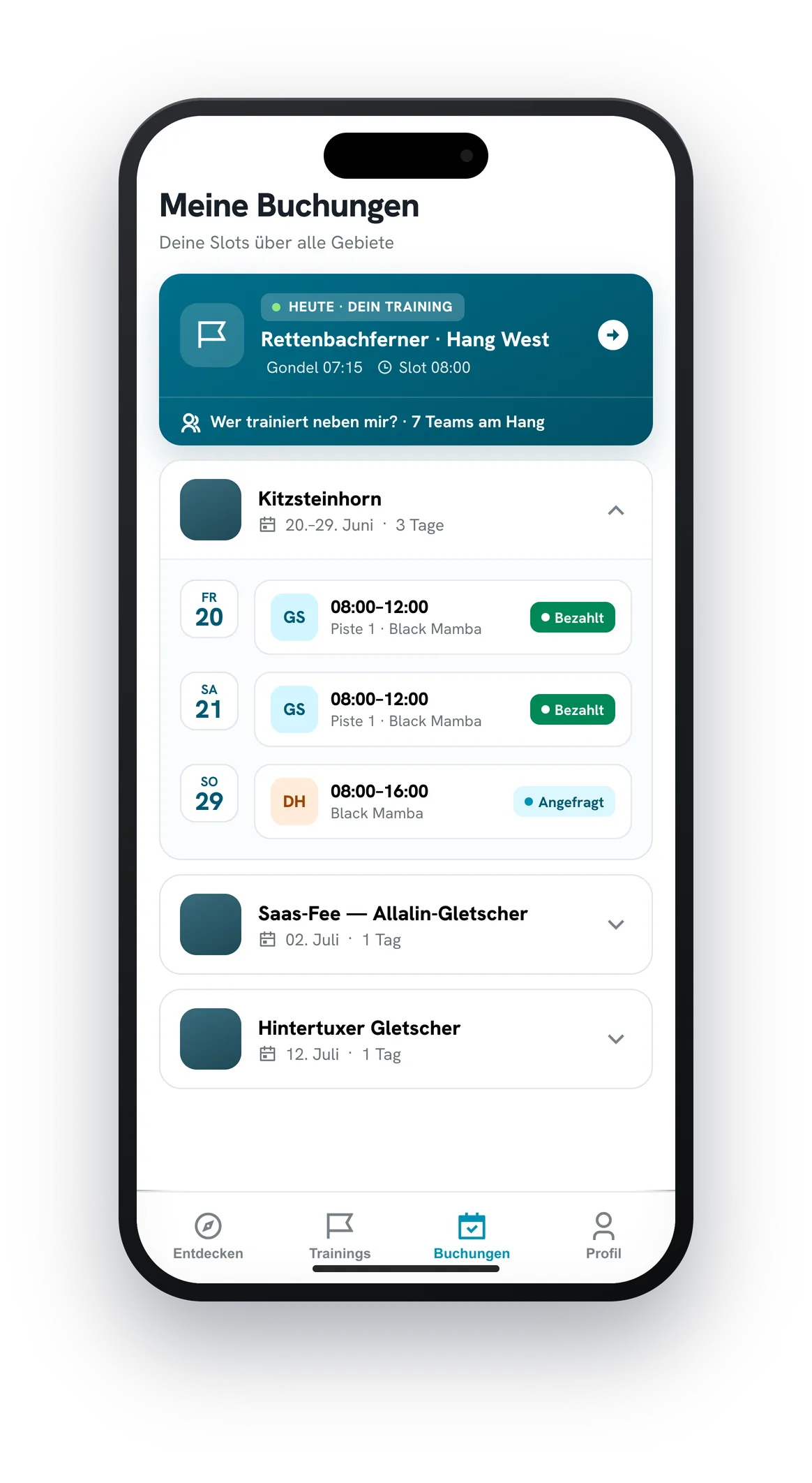 RACELINE Trainer-App – Buchungen mit Status, Zeitfenster und Kaution (mobile)
