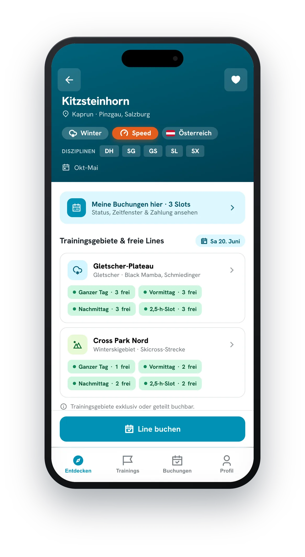 RACELINE Trainer-App – Gebiets-Detail mit Disziplinen, Saison und freien Lines (mobile)