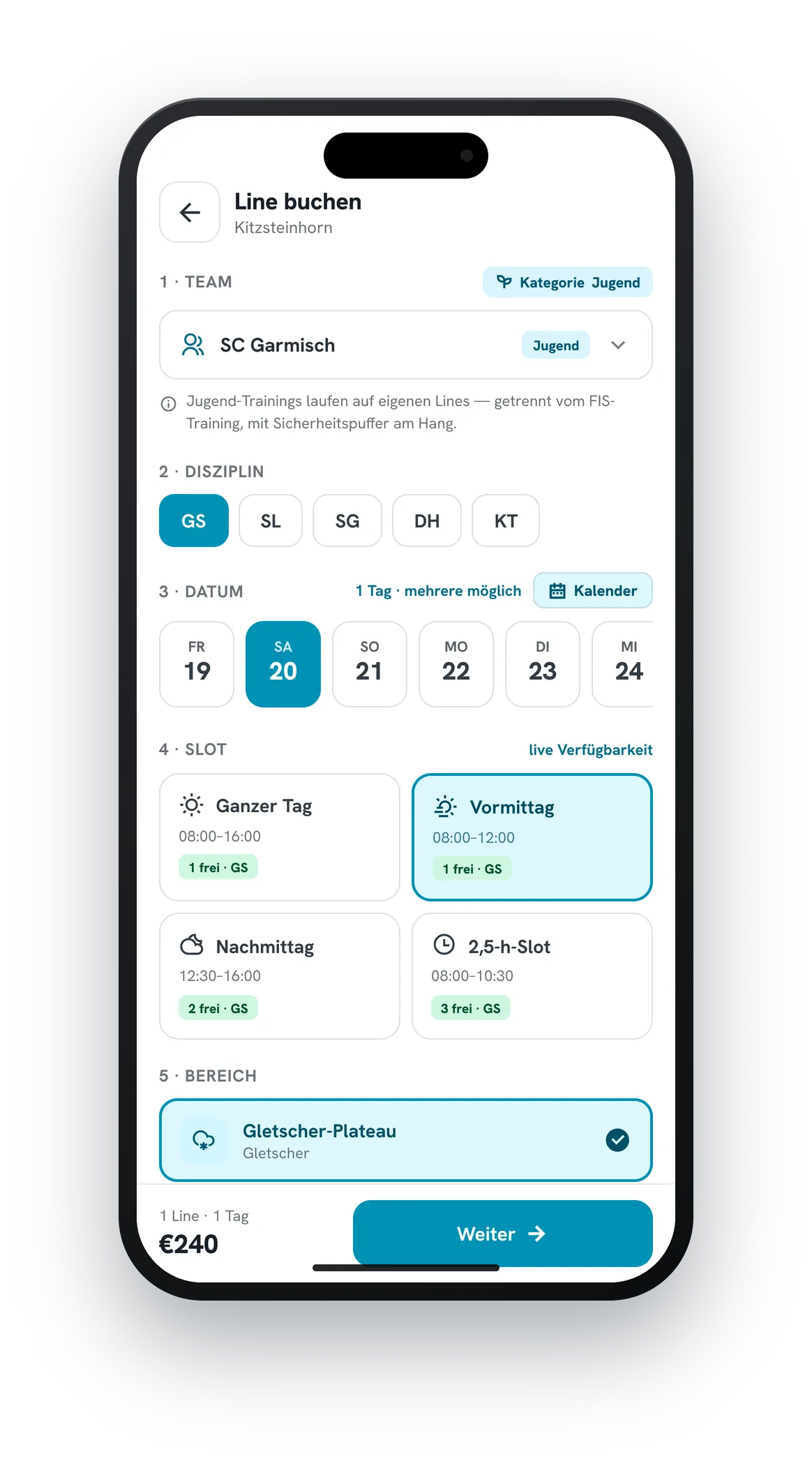 RACELINE Trainer-App – Slot-Buchung: Team, Disziplin, Datum und Live-Verfügbarkeit (mobile)