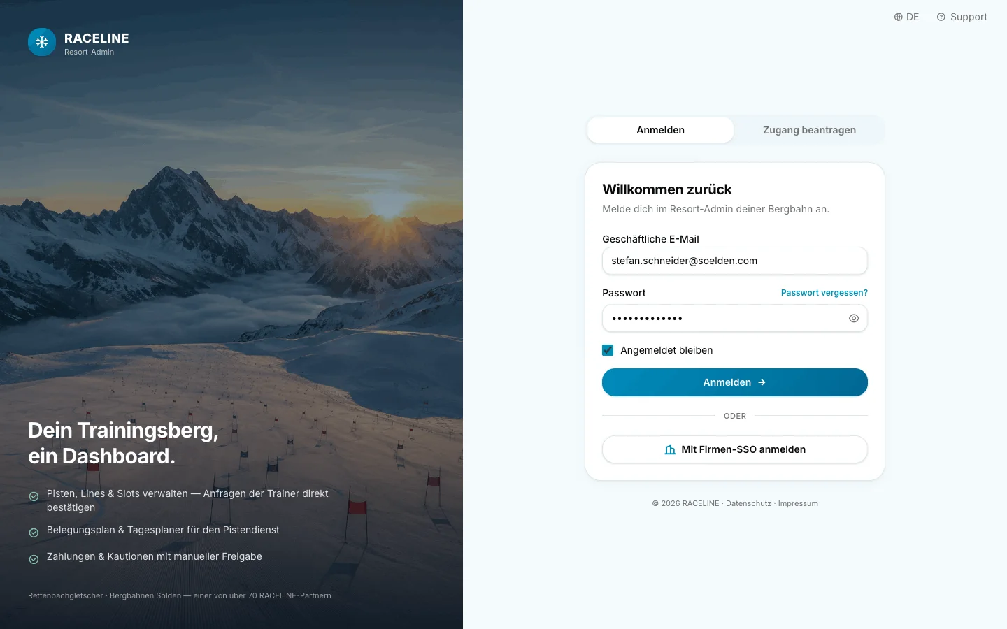 RACELINE Betreiber-Dashboard – Login der Bergbahn- und Ops-Ansicht (desktop)