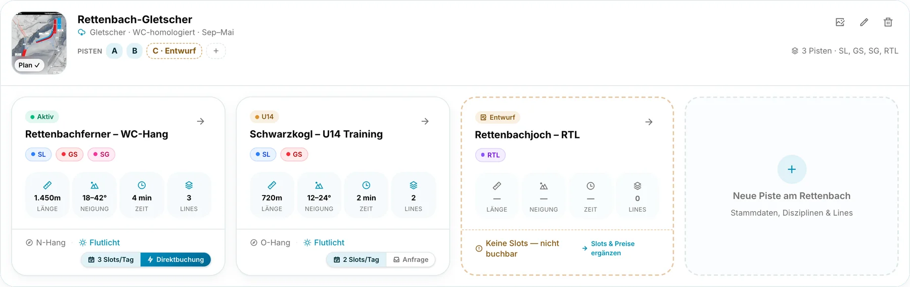RACELINE Bergbahn-Dashboard – Detail Pistenverwaltung: Pisten als Karten mit Länge, Neigung, Flutlicht, Direktbuchung und Entwurf-Status