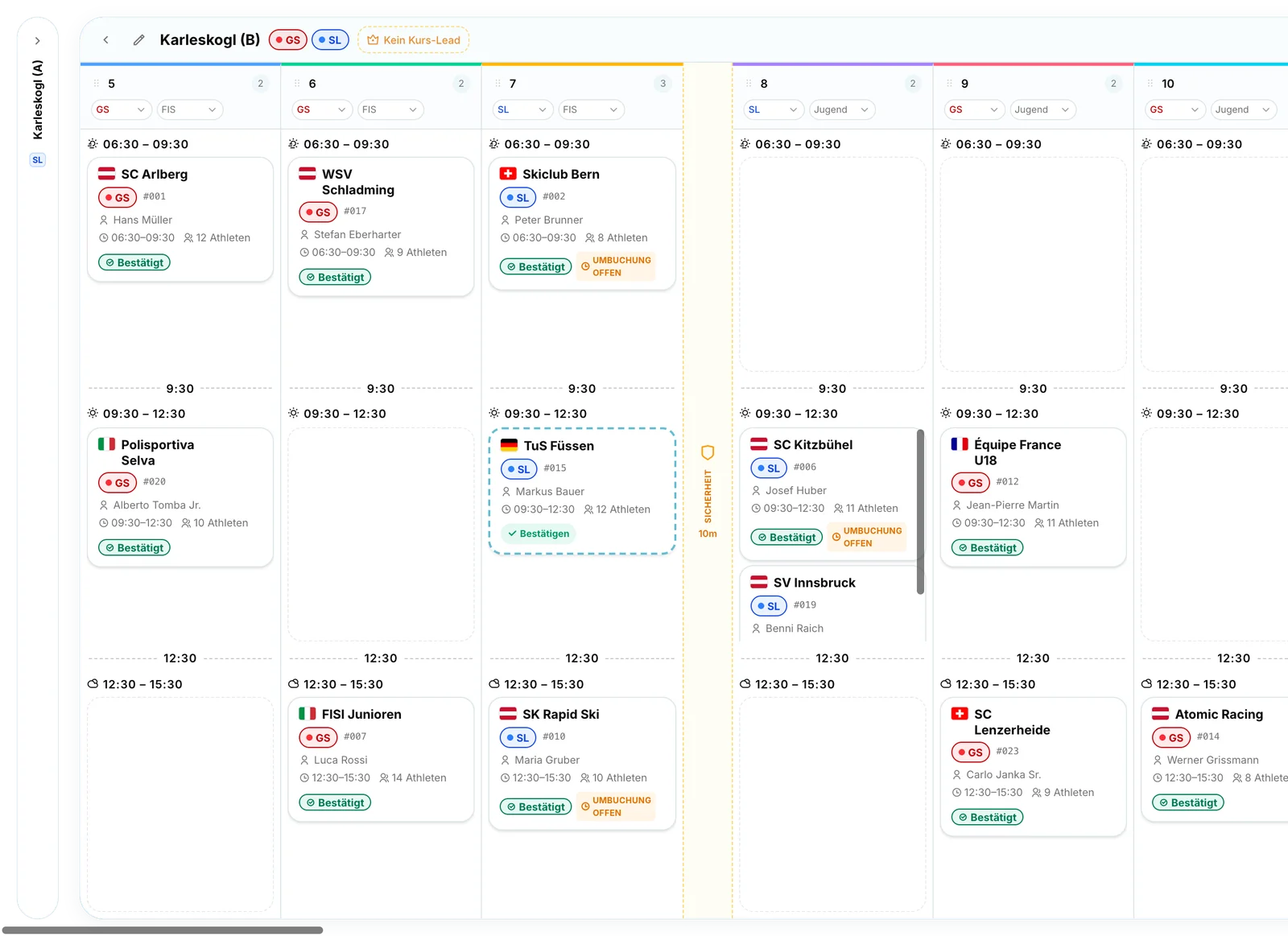 RACELINE Bergbahn-Dashboard – Detail Tagesplaner: Lines als Spalten mit Slot-Karten, einer gestrichelten Anfrage zum Bestätigen und Umbuchungs-Markierungen