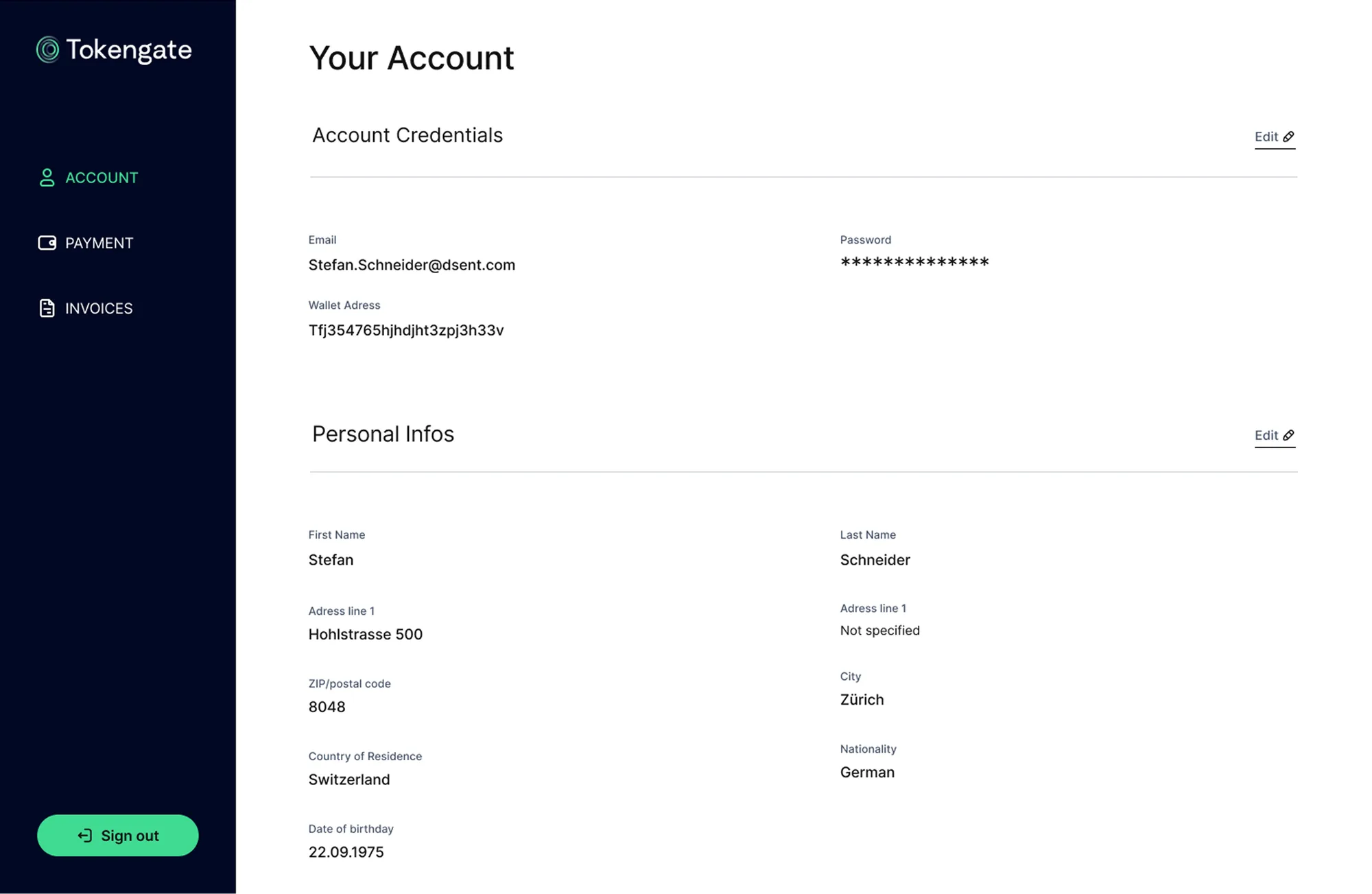 Tokengate – Konto-Bereich mit Account-Zugangsdaten, Wallet-Adresse und persönlichen Angaben