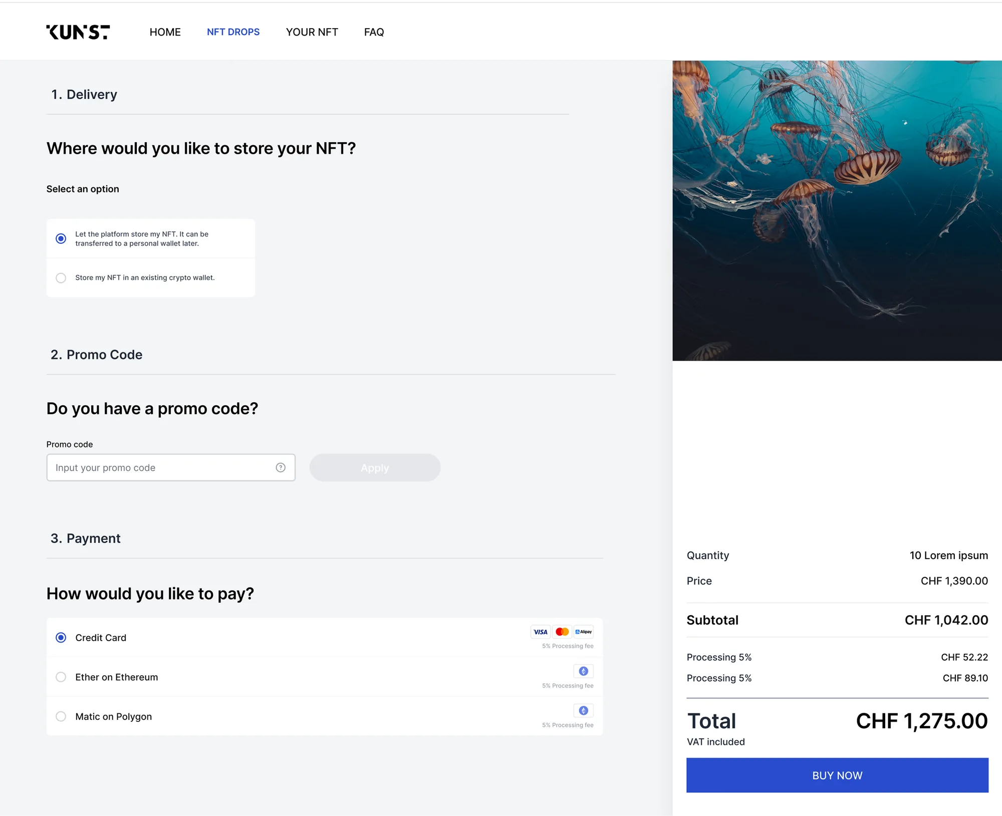 Tokengate – NFT-Checkout mit Promo-Code-Eingabe vor der Zahlung