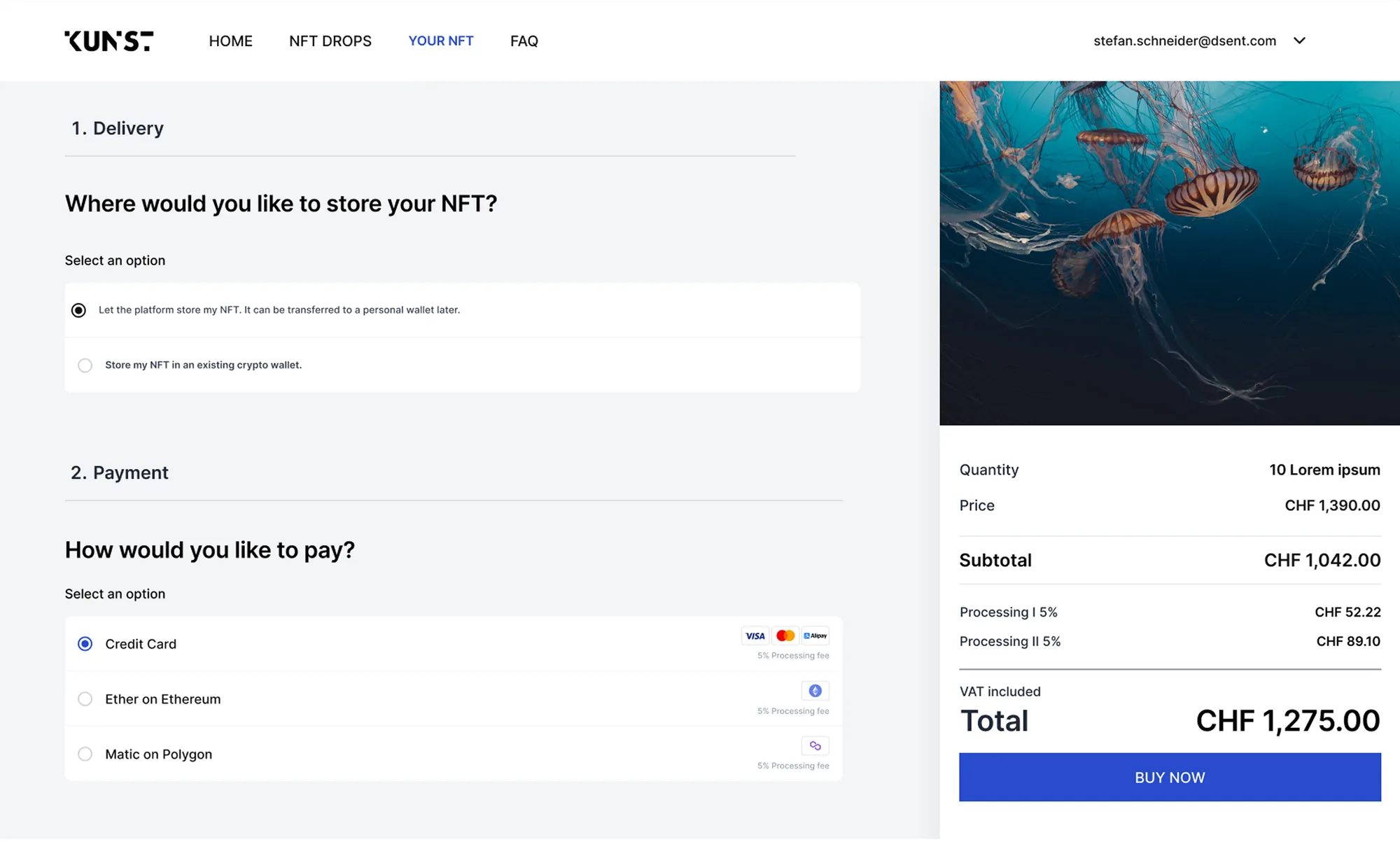 Tokengate – NFT-Checkout mit Wahl der Verwahrung und Zahlung per Kreditkarte, Ether oder Matic