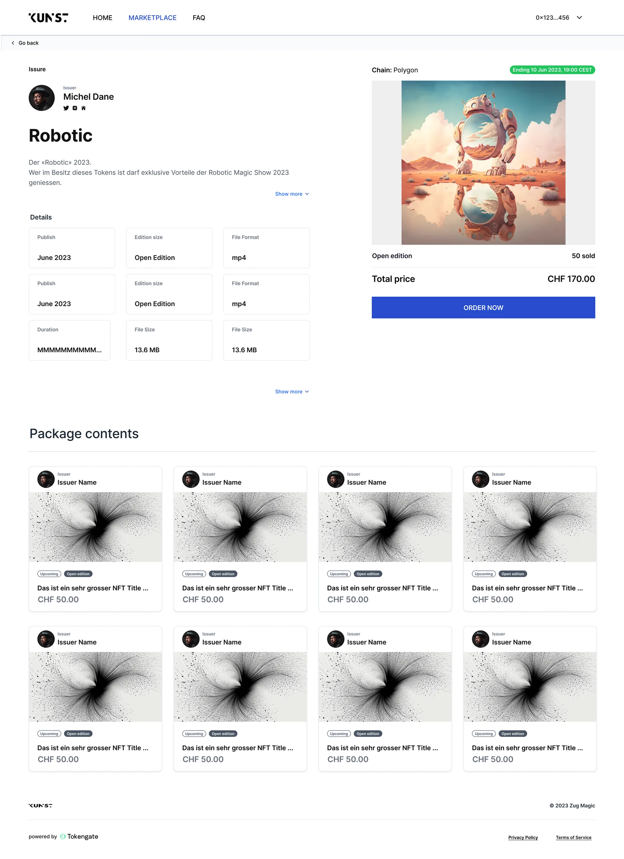Tokengate – öffentliche Marketplace-Produktseite eines NFT-Drops (KUN.ST) mit Details und Package-Contents